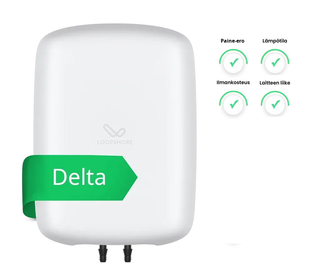 Loop Delta -laite, jossa vihreä lippu ja teksti Delta, sekä paine-eroletkujen liittimet.