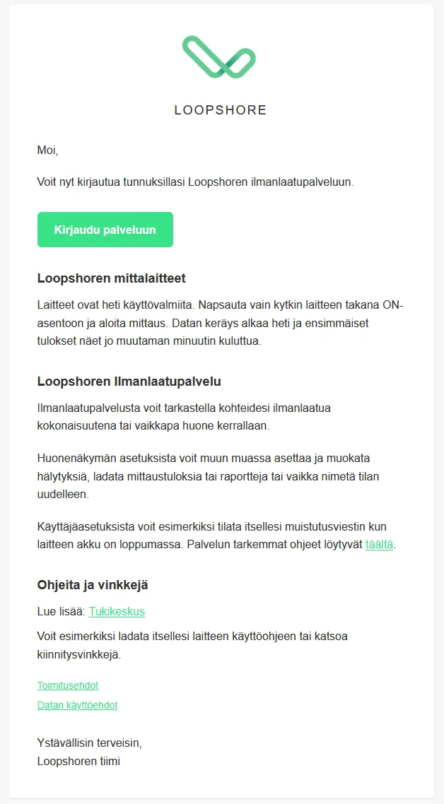 Vahvistussähköposti onnistuneesta salasanan asettamisesta.