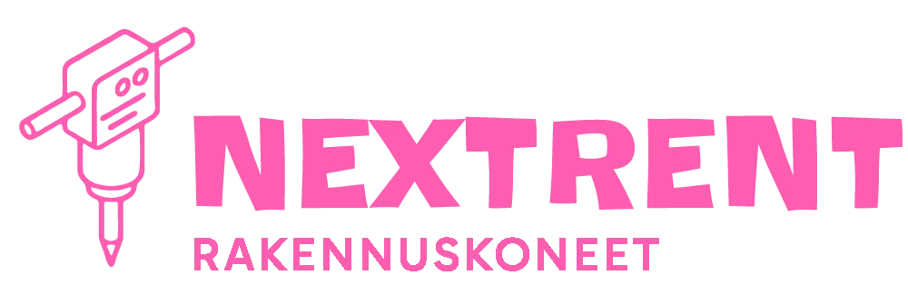 Pinkki piirrosrobotista, jossa kynällä piirtävä pää, logo ja teksti 'NextRent Rakennuskoneet'.