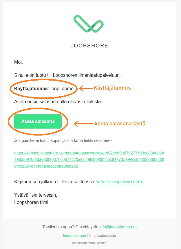 Tilinluontisähköposti, jossa Aseta salasana -nappi.