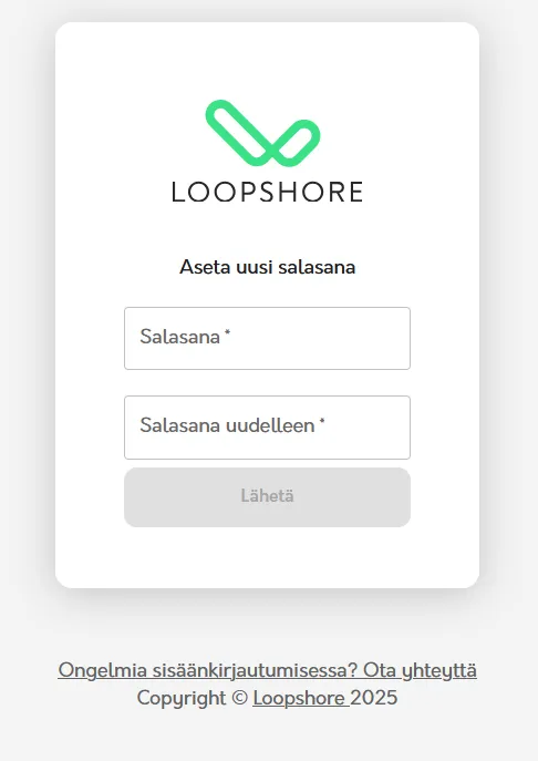 Palvelun Aseta uusi salasana -lomake.