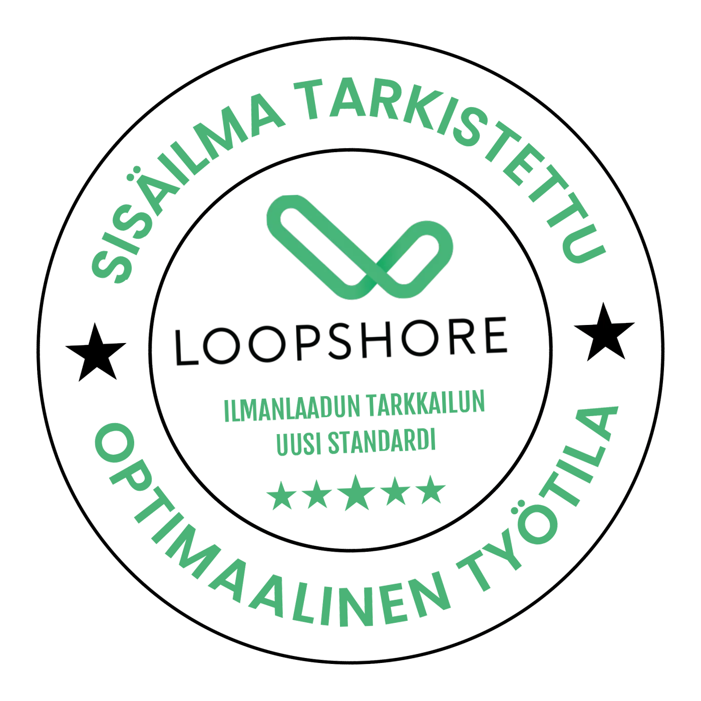 Leima jossa on Loopshoren logo, kuvastaa tilannetta jossa tilalle on annettu ilmanlaatu- ja olosuhdemittausten perustaalle hyväksyntä terveellisestä tilasta.