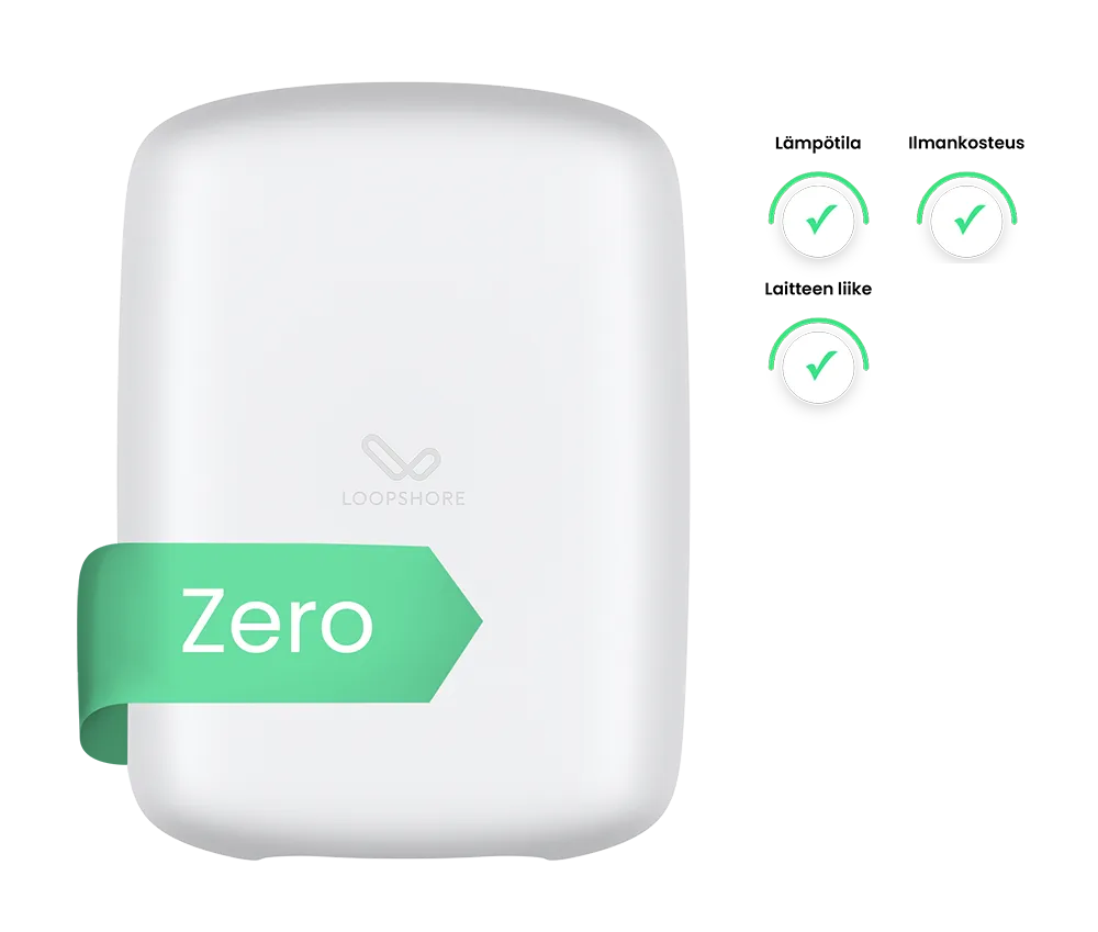 Loop Zero -laite, jossa vihreä lippu ja teksti Zero, sekä sen mittaamat suureet kuvakkeina.